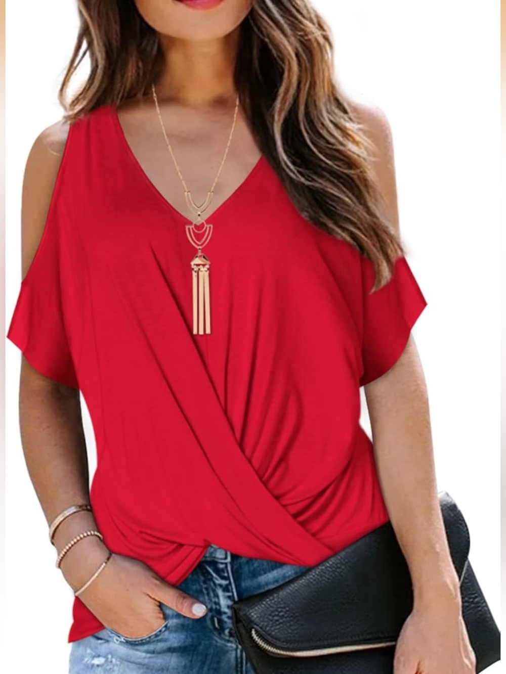 Cold-Shoulder V-Neck Twist Front Short Sleeve Top - Red Medium NWT
